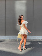 V-Neck Off-Shoulder Ruffled Mini Summer Dress
