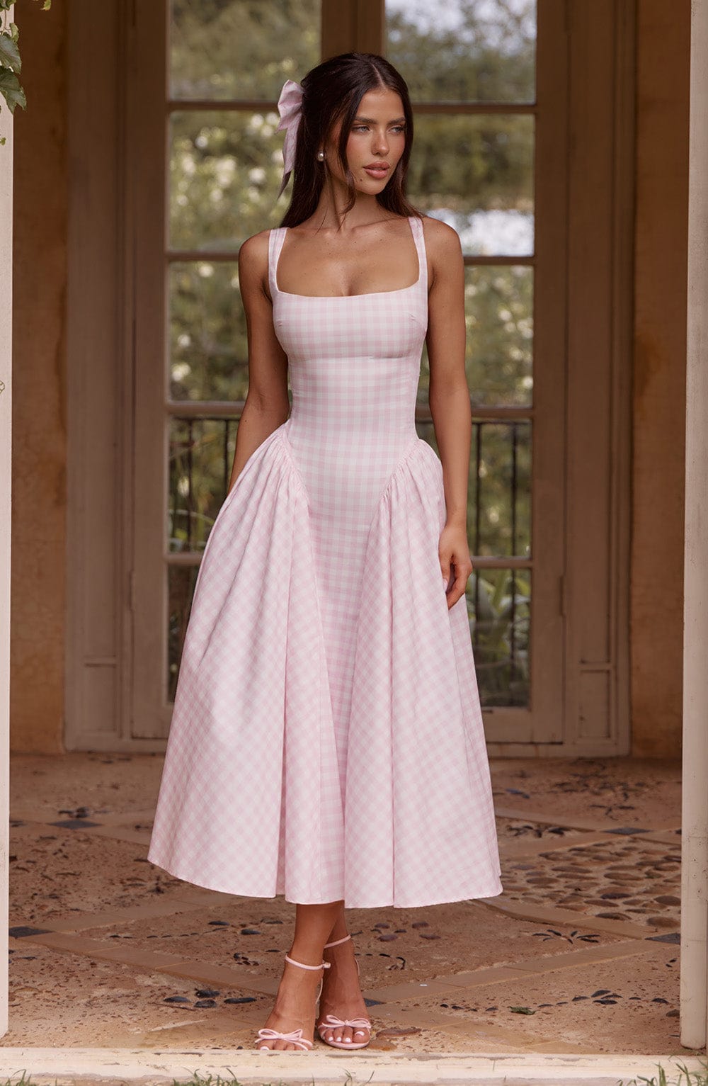 Sleeveless Square Neckline Gingham Midi Dress