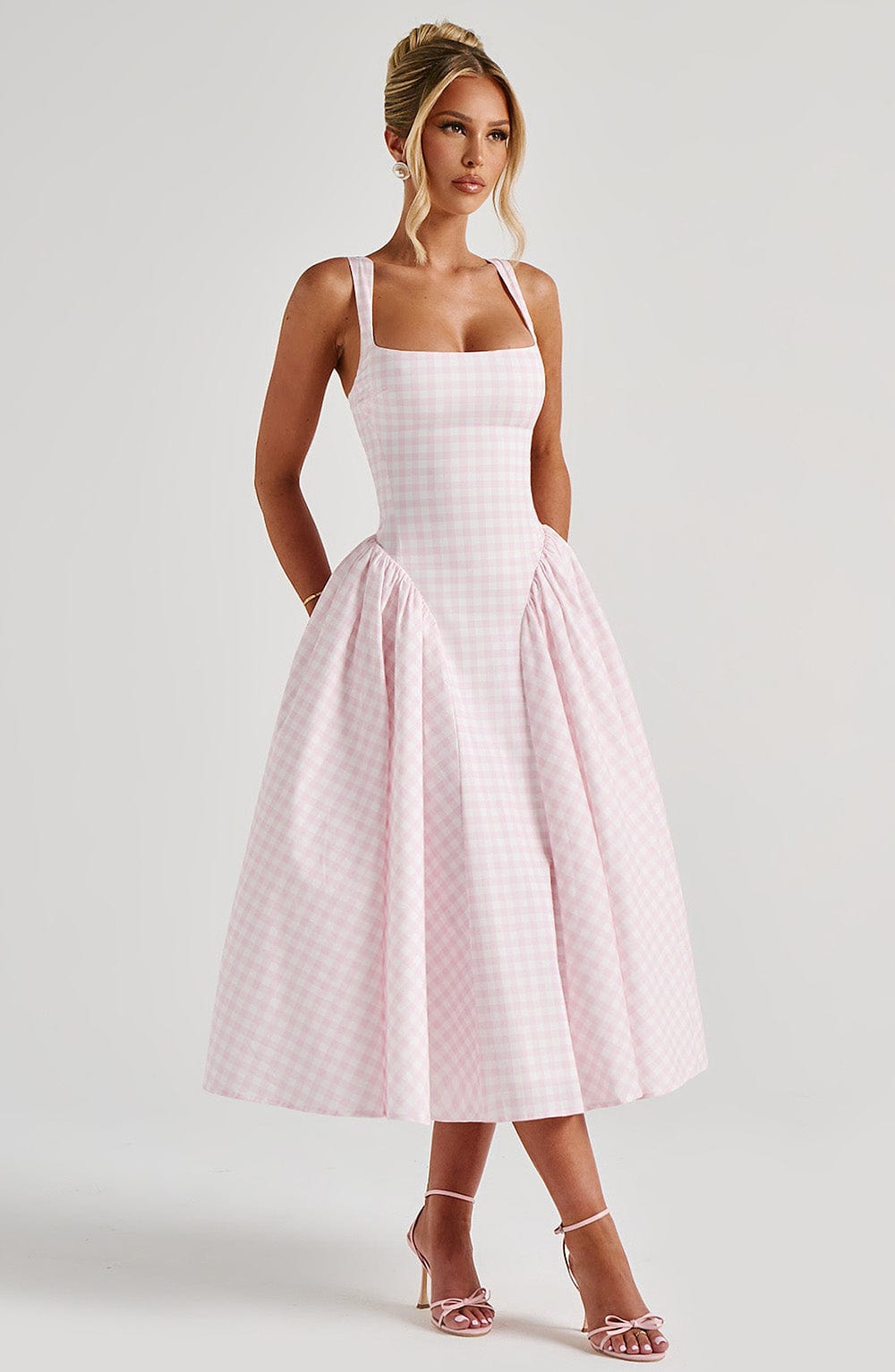 Sleeveless Square Neckline Gingham Midi Dress