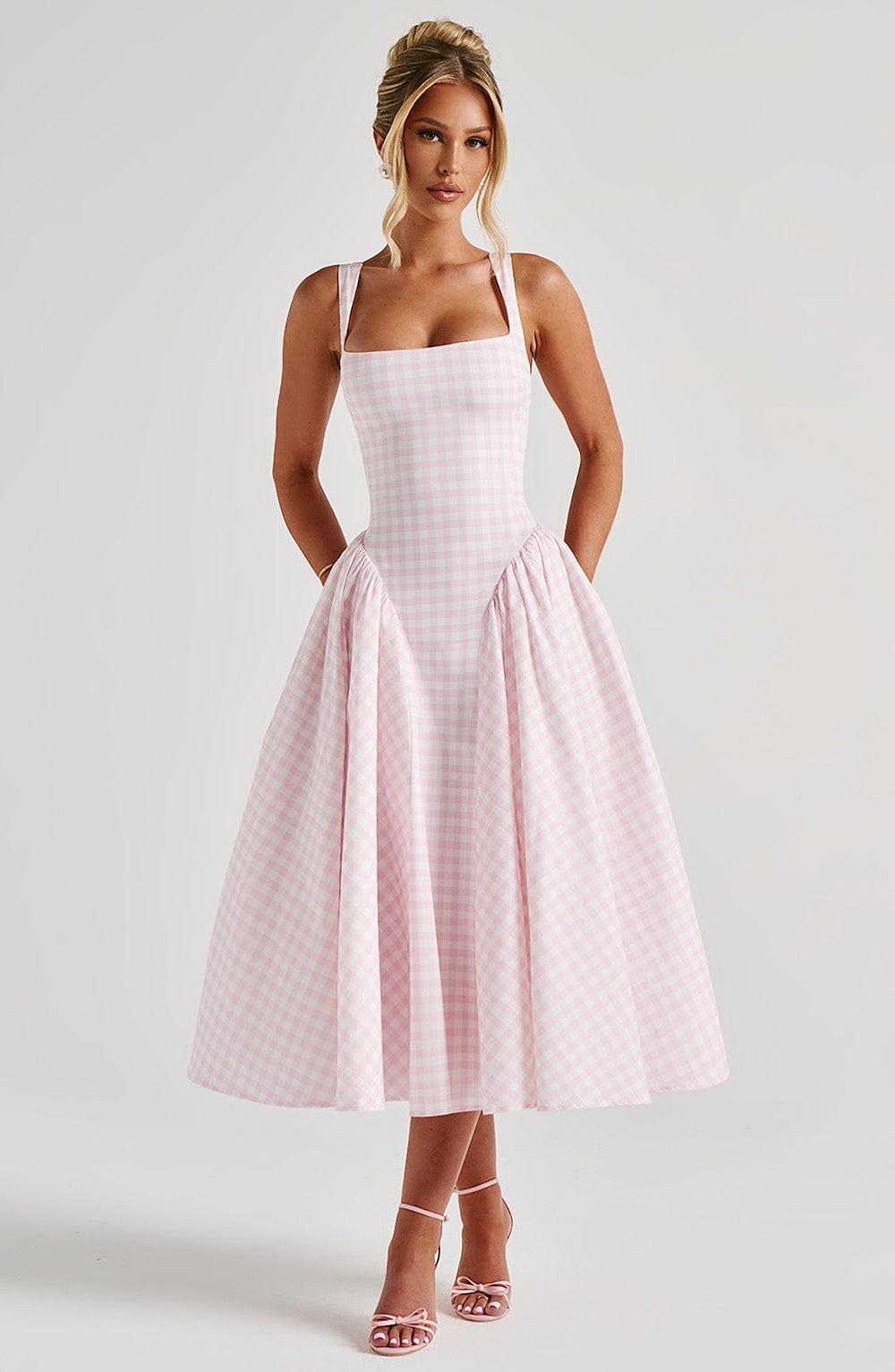 Sleeveless Square Neckline Gingham Midi Dress