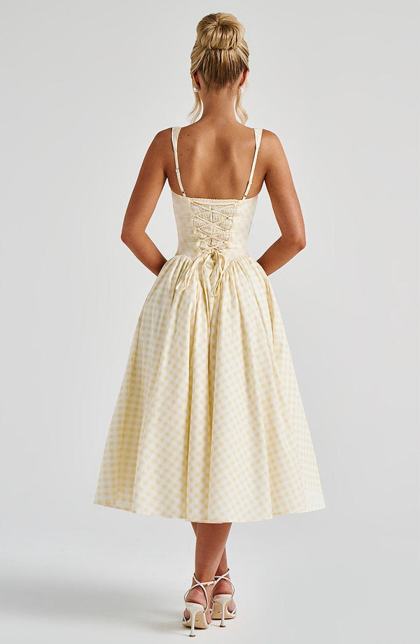Sleeveless Square Neckline Gingham Midi Dress