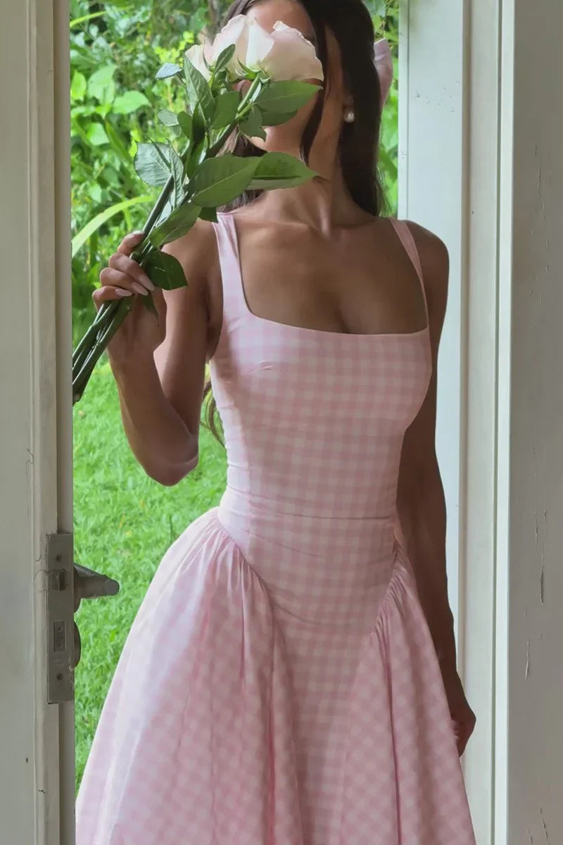 Sleeveless Square Neckline Gingham Midi Dress