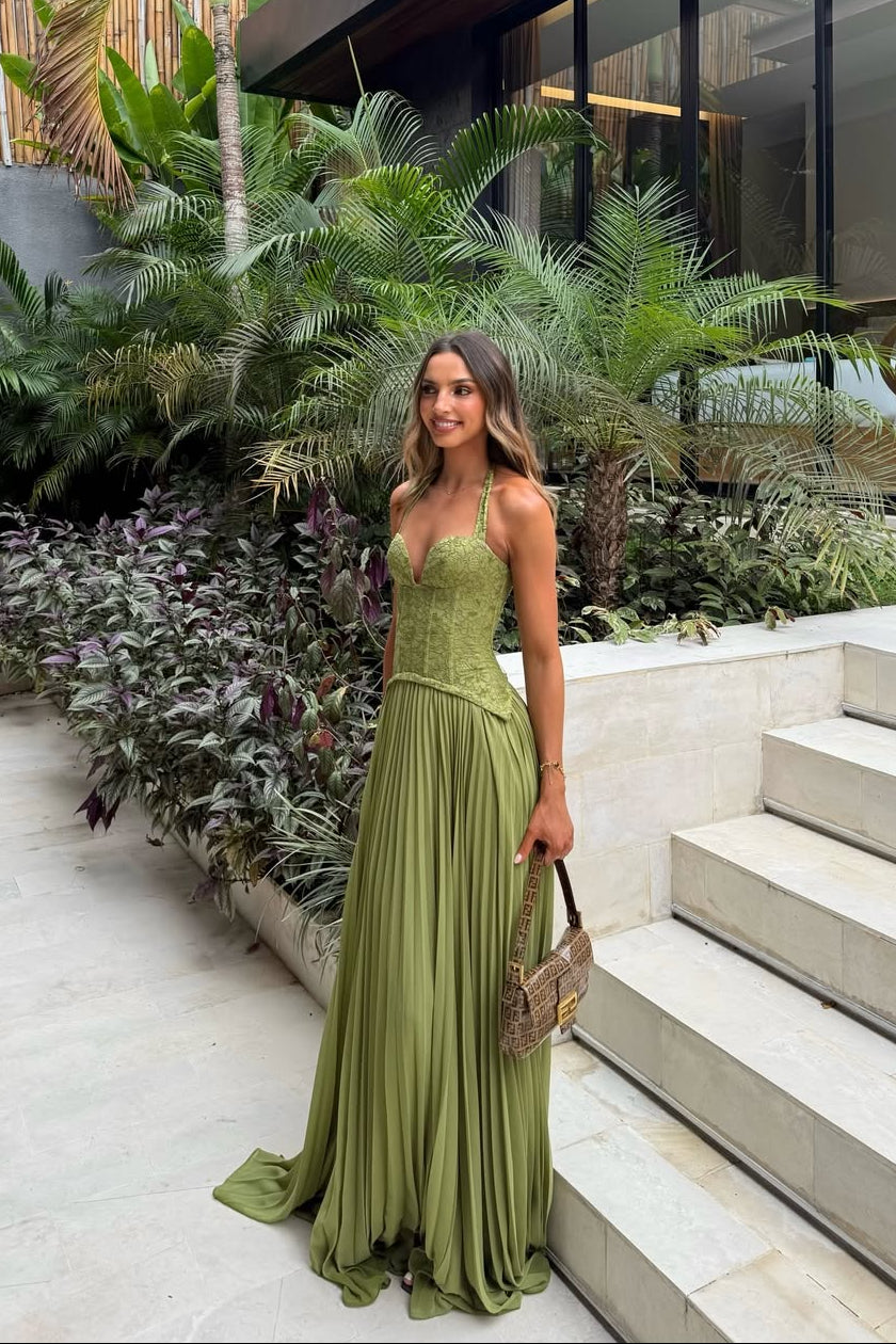 Pleated Corset Maxi Wedding Guest Dress