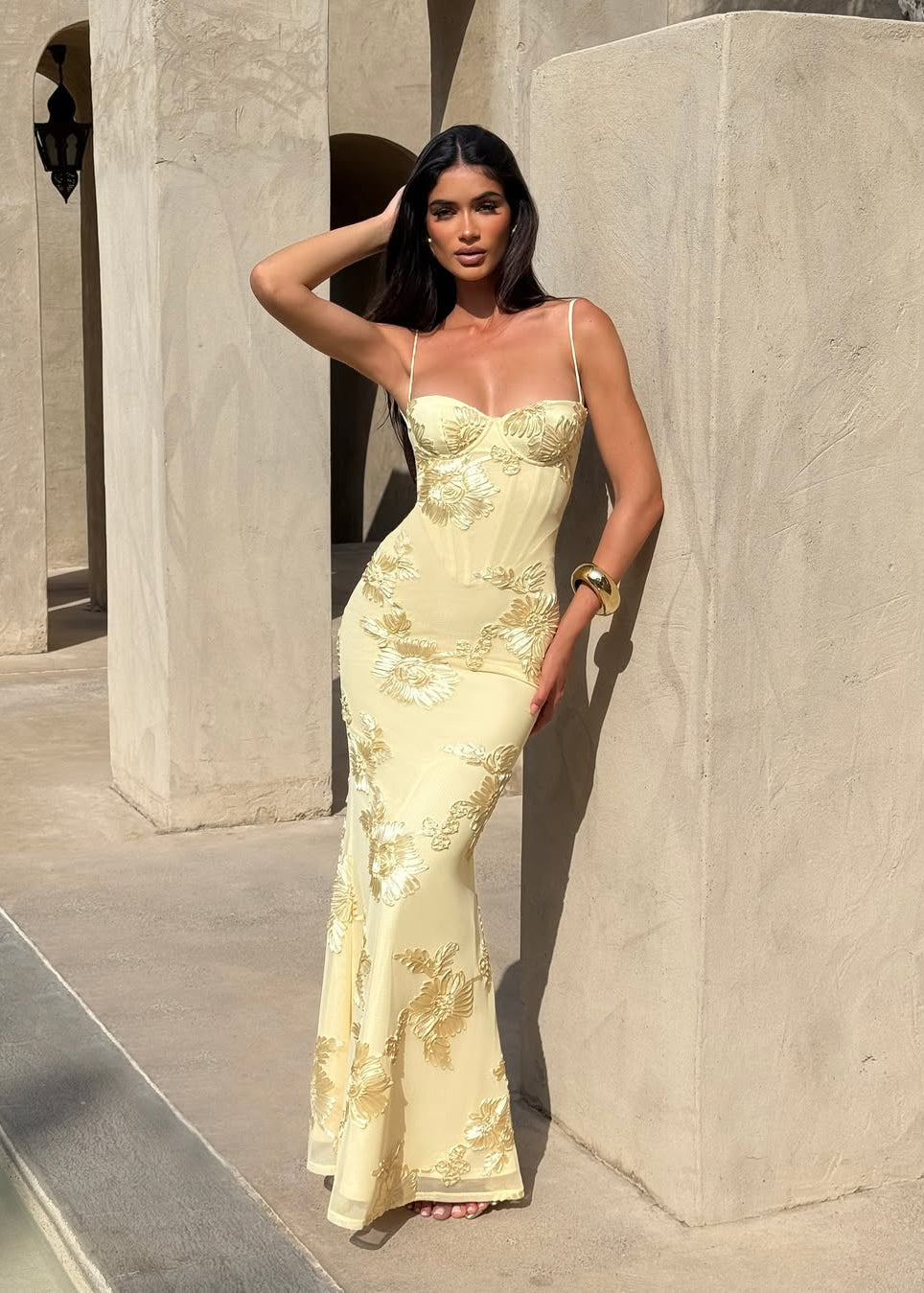 Sleeveless Floral Embroidery Maxi Wedding Guest Dress