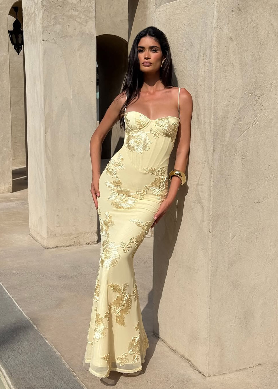Sleeveless Floral Embroidery Maxi Wedding Guest Dress