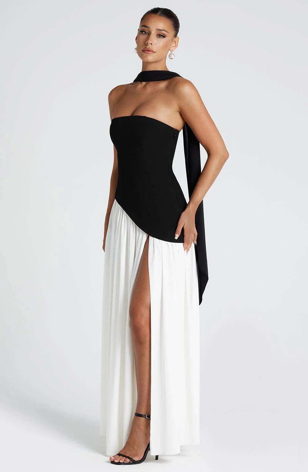 Strapless Maxi Wedding Guest Dress with Scarf