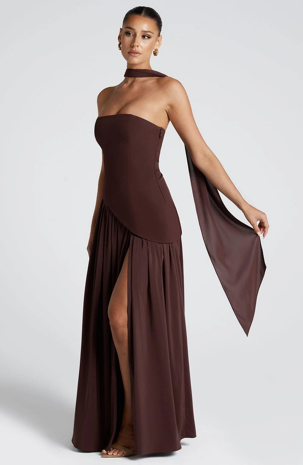 Strapless Maxi Wedding Guest Dress with Scarf