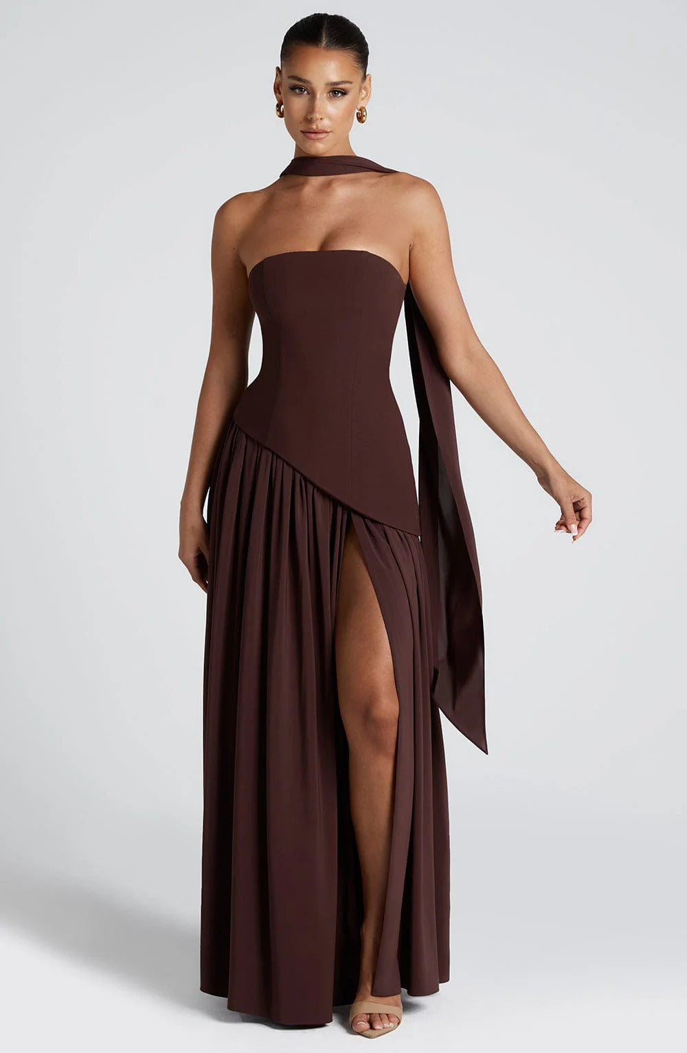 Strapless Maxi Wedding Guest Dress with Scarf
