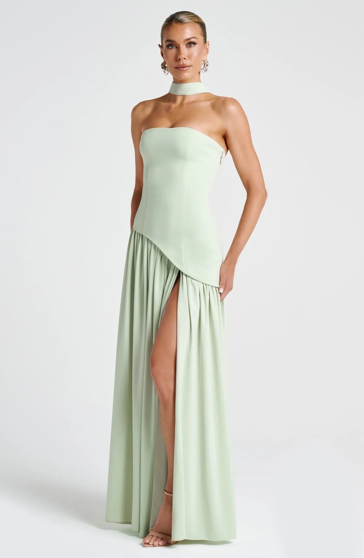 Strapless Maxi Wedding Guest Dress with Scarf