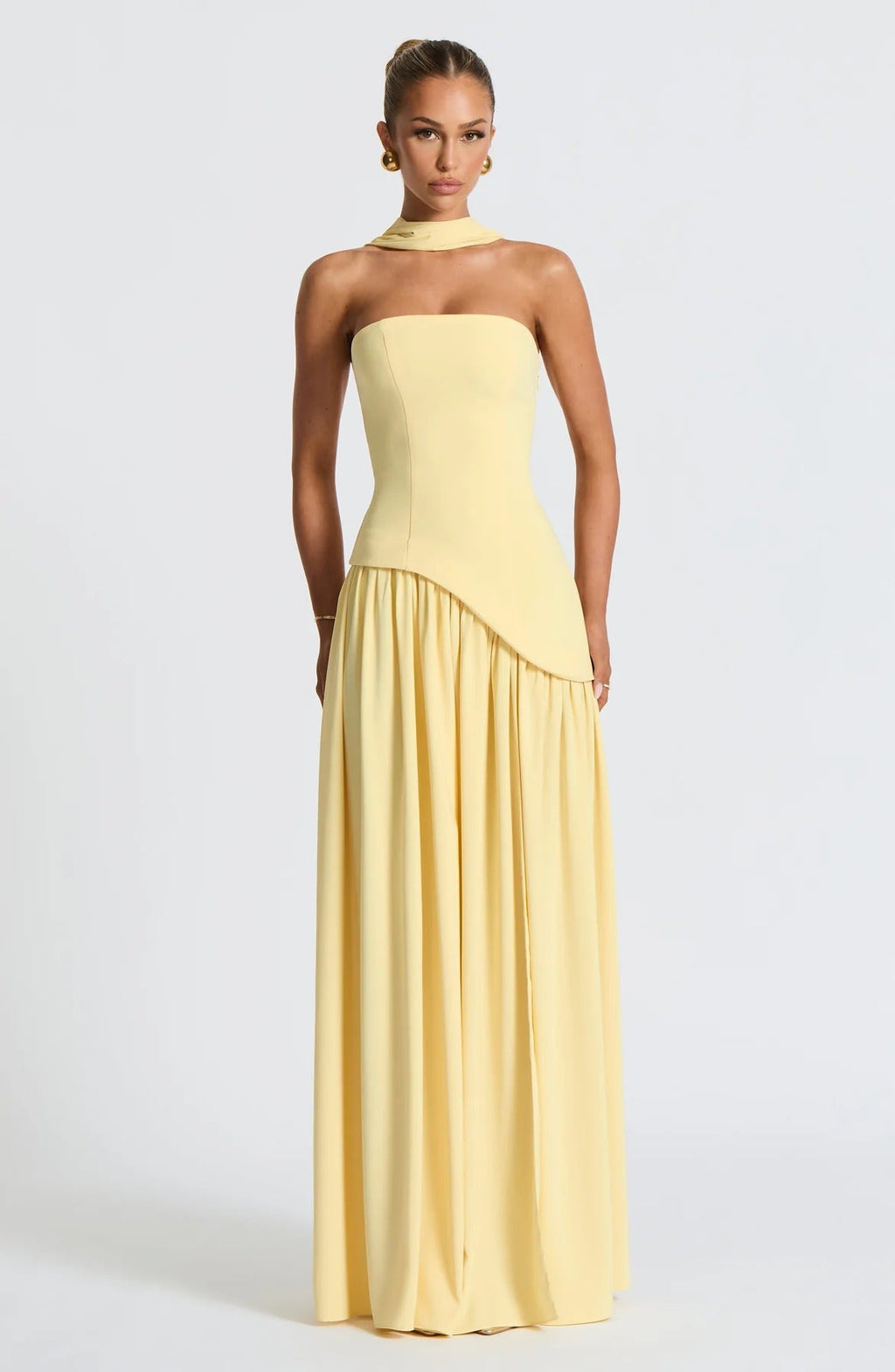 Strapless Maxi Wedding Guest Dress with Scarf