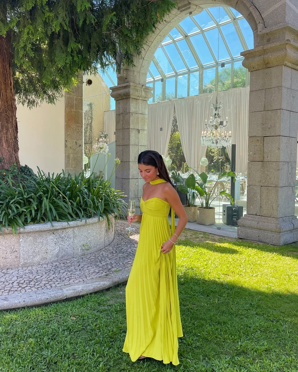 Pleated Strapless Maxi Wedding Guest Dress
