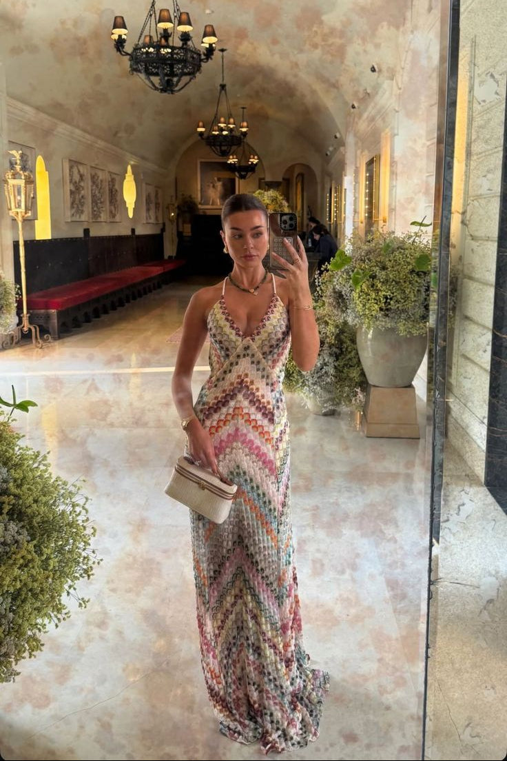 V-Neck Spaghetti Strap Crochet Maxi Dress