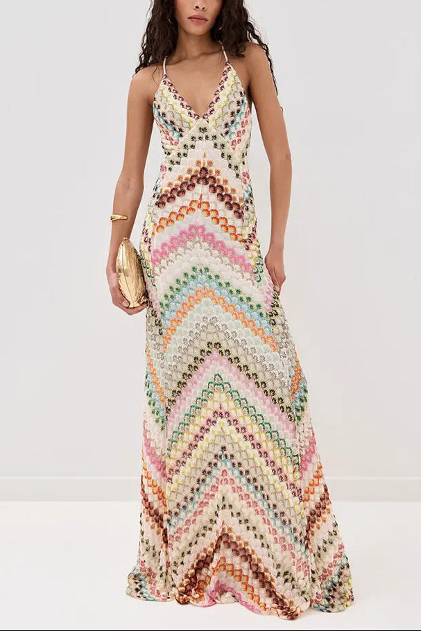 V-Neck Spaghetti Strap Crochet Maxi Dress