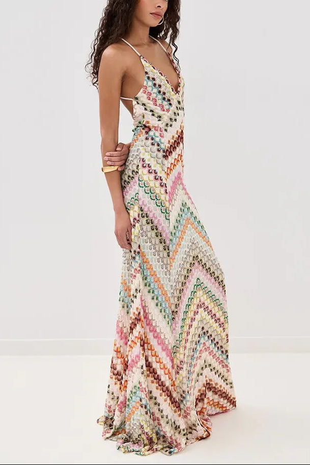 V-Neck Spaghetti Strap Crochet Maxi Dress