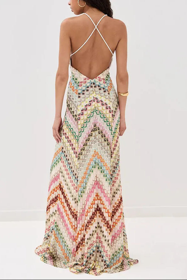 V-Neck Spaghetti Strap Crochet Maxi Dress
