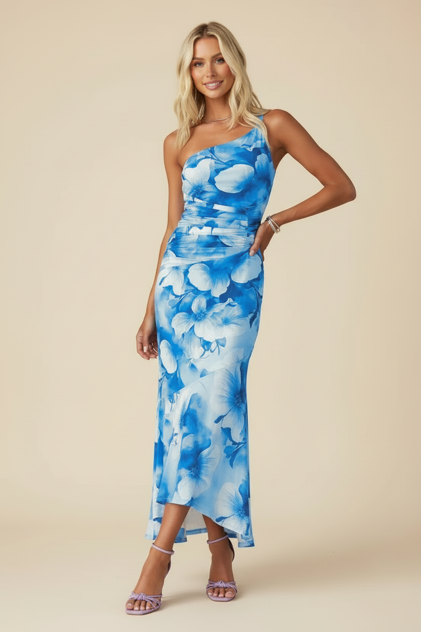 One-Shoulder Floral Maxi Wedding Guest Dress