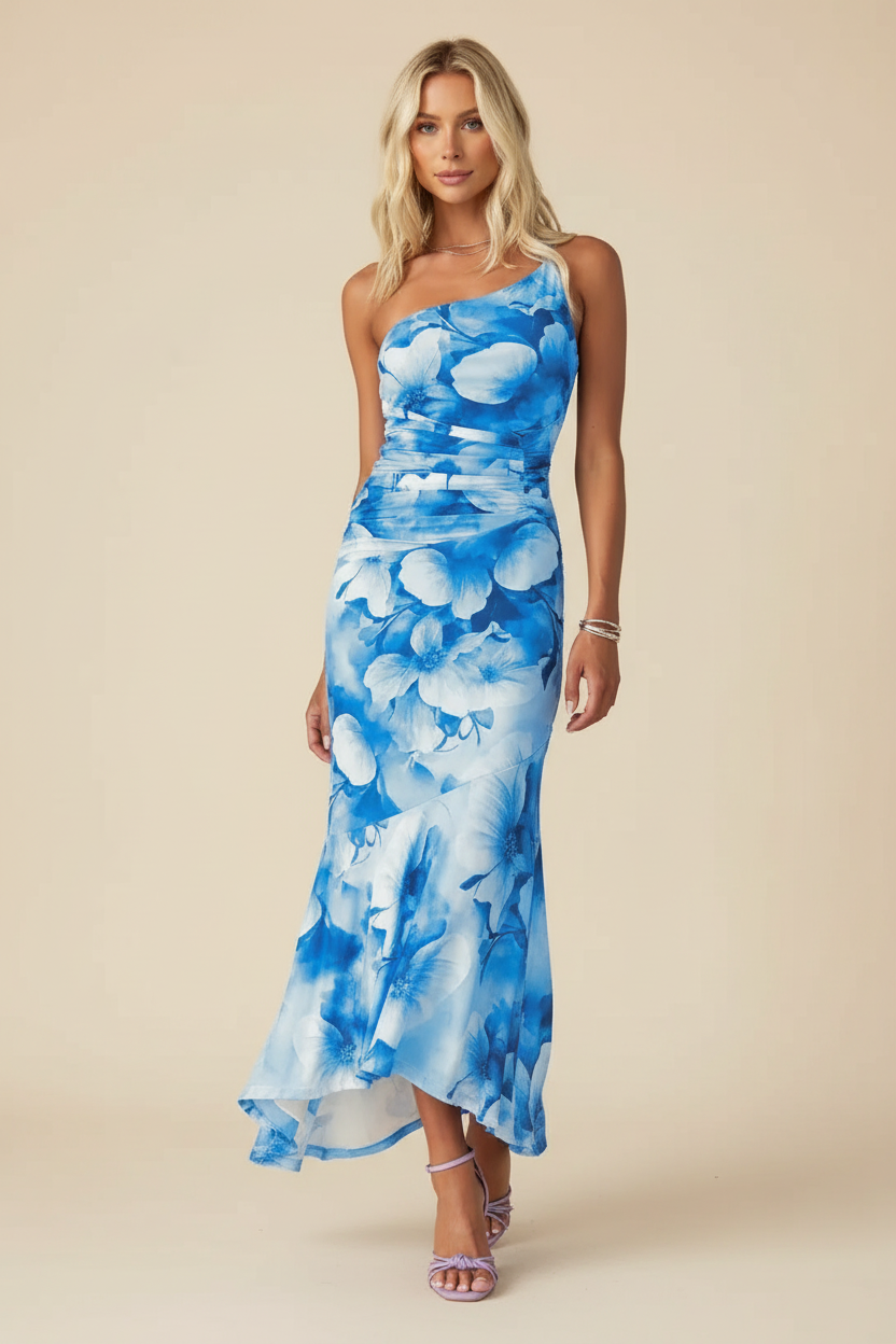 One-Shoulder Floral Maxi Wedding Guest Dress