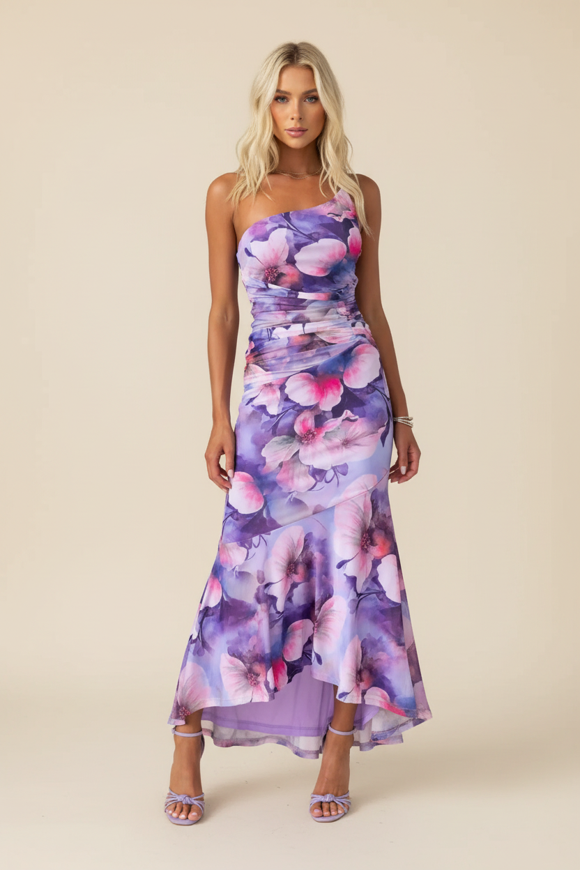 One-Shoulder Floral Maxi Wedding Guest Dress