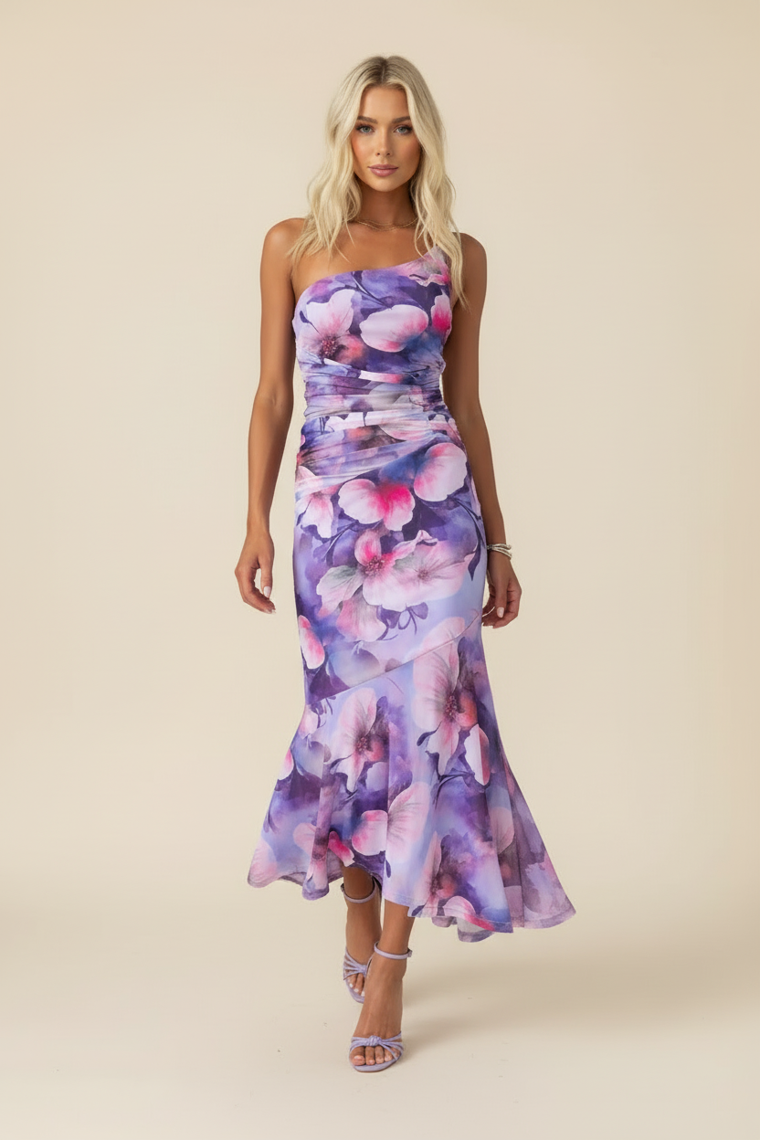 One-Shoulder Floral Maxi Wedding Guest Dress