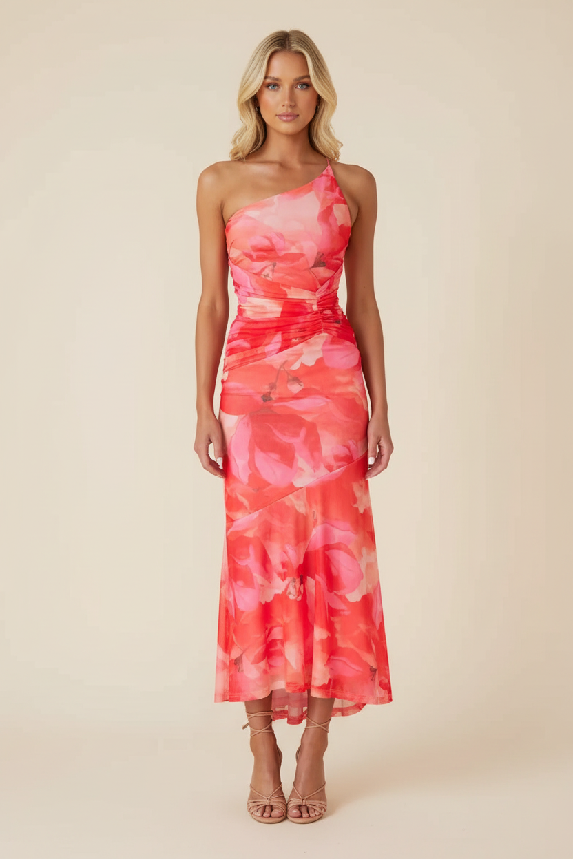 One-Shoulder Floral Maxi Wedding Guest Dress