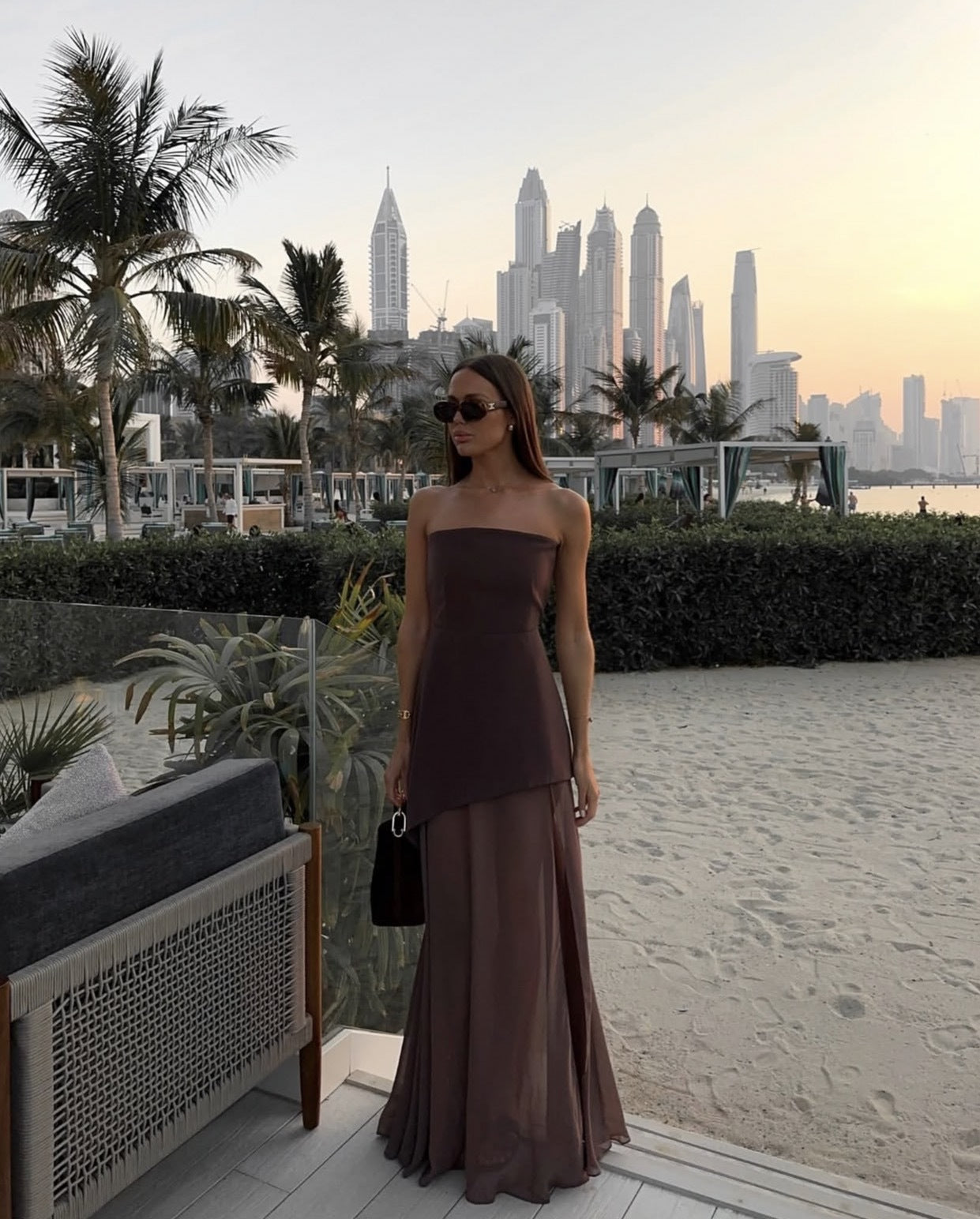 Strapless Maxi Wedding Guest Dress with Scarf