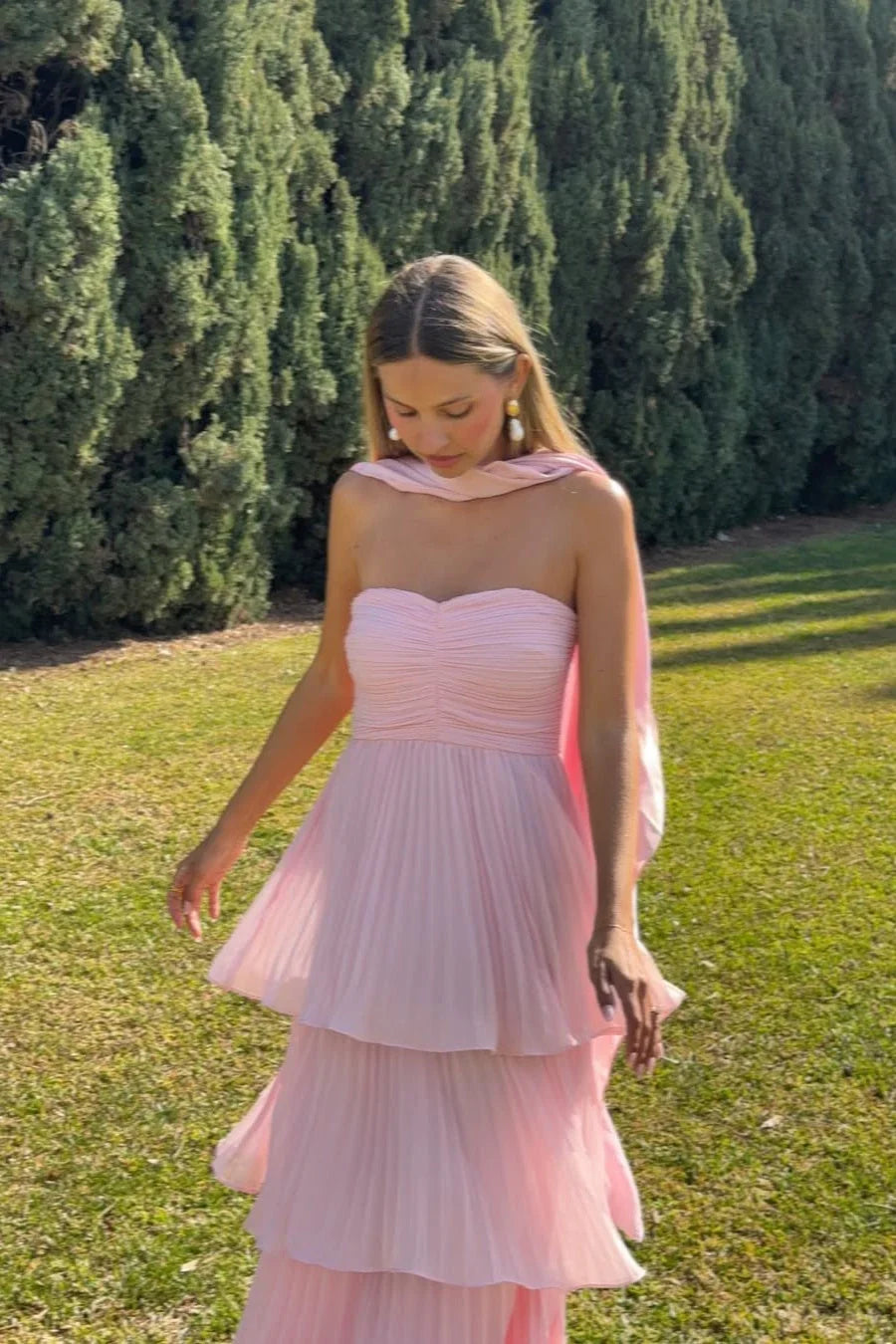 Strapless Tiered Maxi Wedding Guest Dress