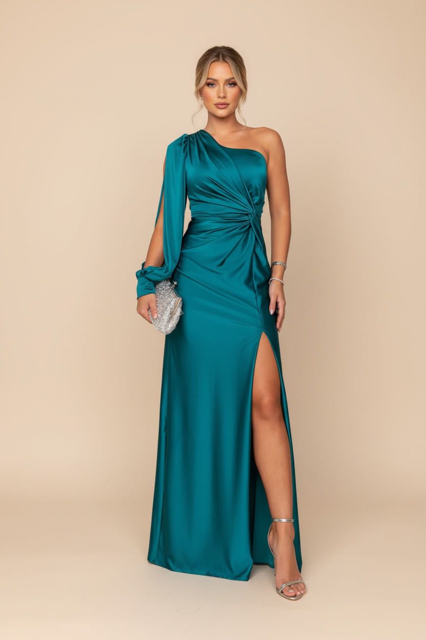 One-Shoulder Slit Satin Maxi Wedding Guest Dress