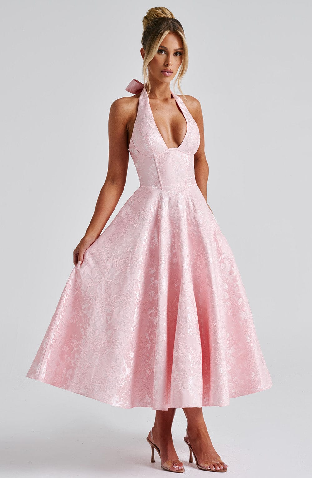 Halter-Neck Midi Wedding Guest Dress