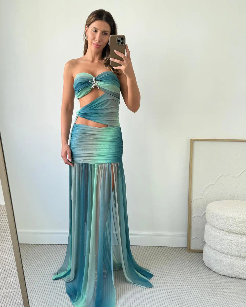 Strapless Mesh Cut-Out Maxi Summer Dress