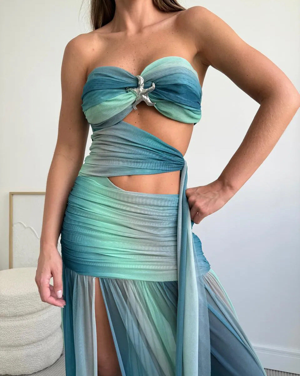 Strapless Mesh Cut-Out Maxi Summer Dress