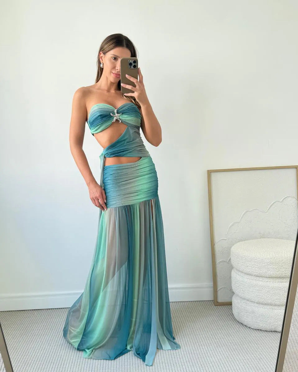 Strapless Mesh Cut-Out Maxi Summer Dress