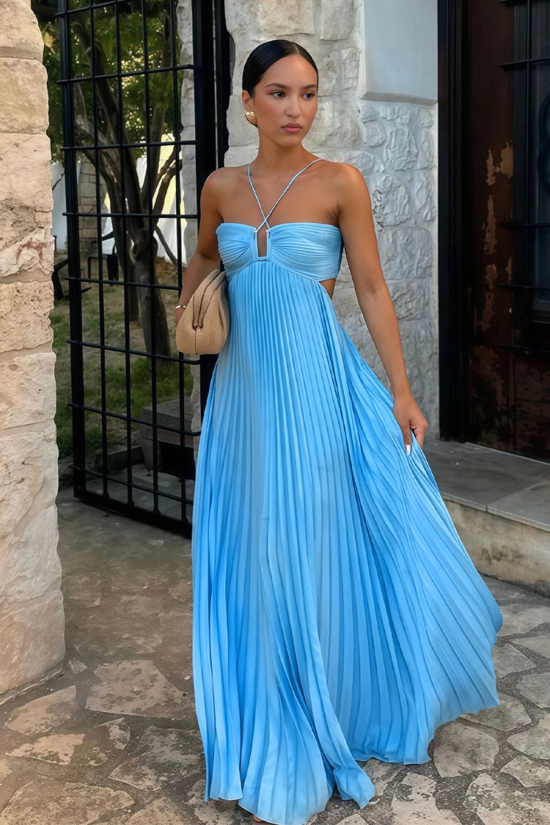 Halter Pleated Maxi Prom Dress