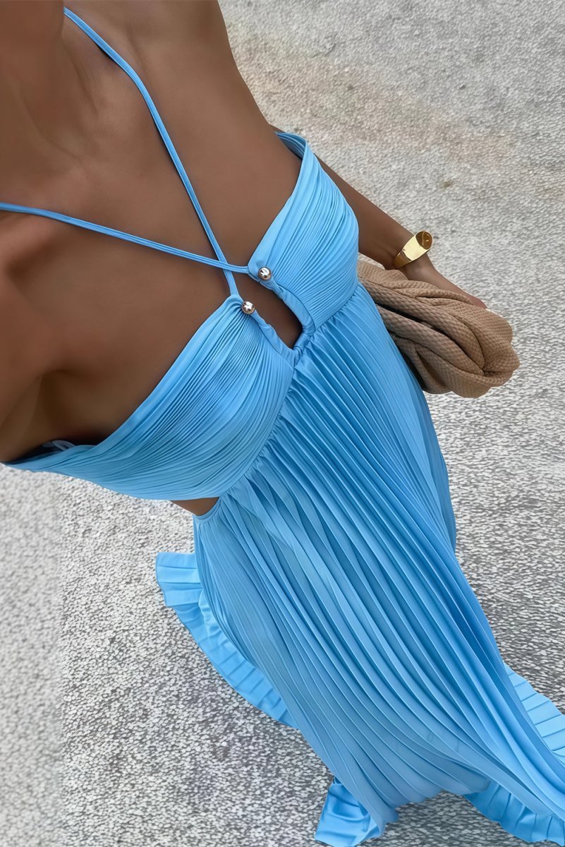Halter Pleated Maxi Prom Dress