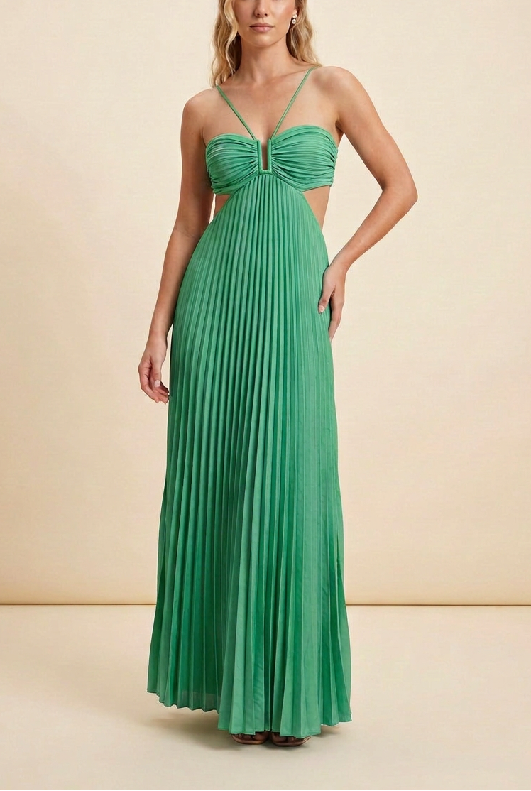 Halter Pleated Maxi Prom Dress