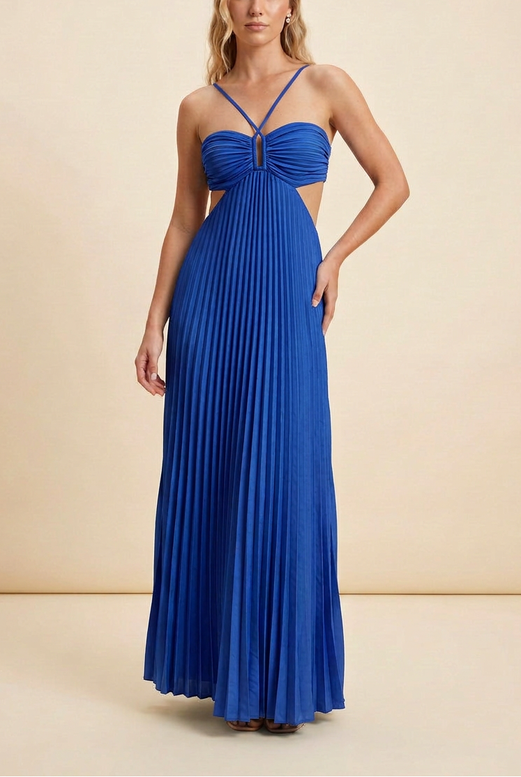 Halter Pleated Maxi Prom Dress