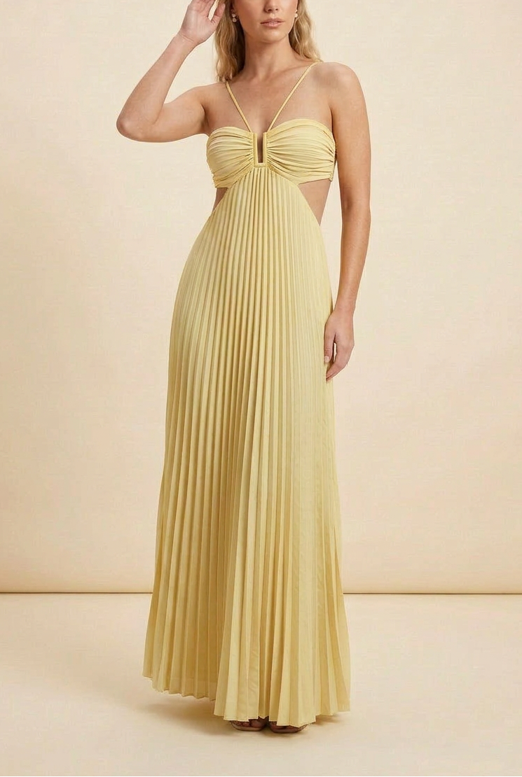 Halter Pleated Maxi Prom Dress