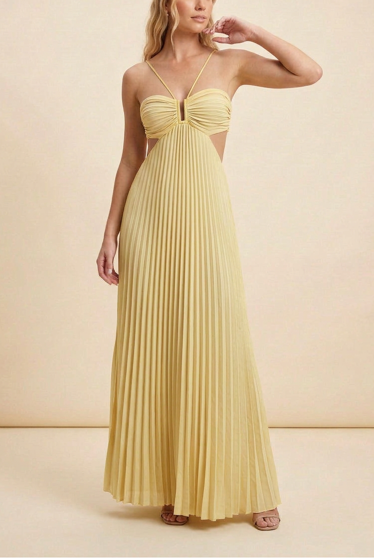 Halter Pleated Maxi Prom Dress