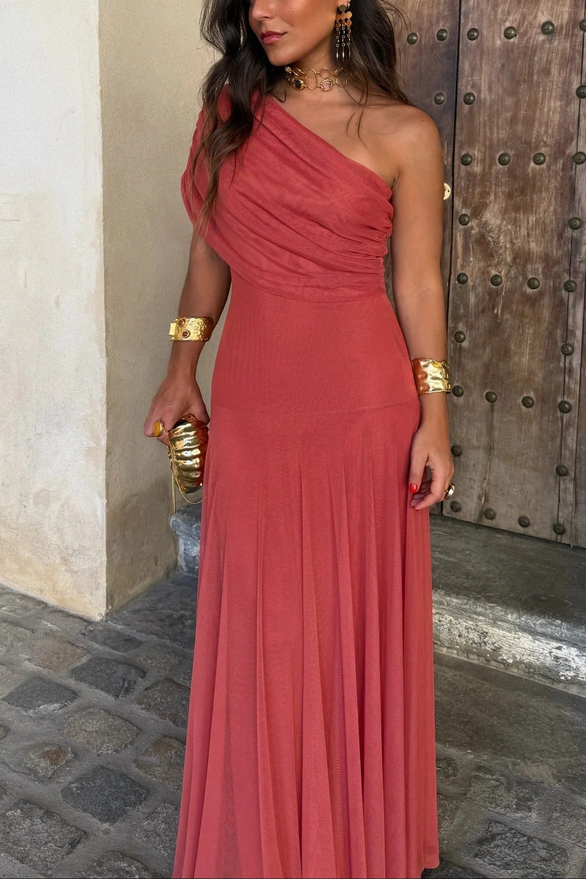 One-Shoulder Mesh Maxi Summer Dress
