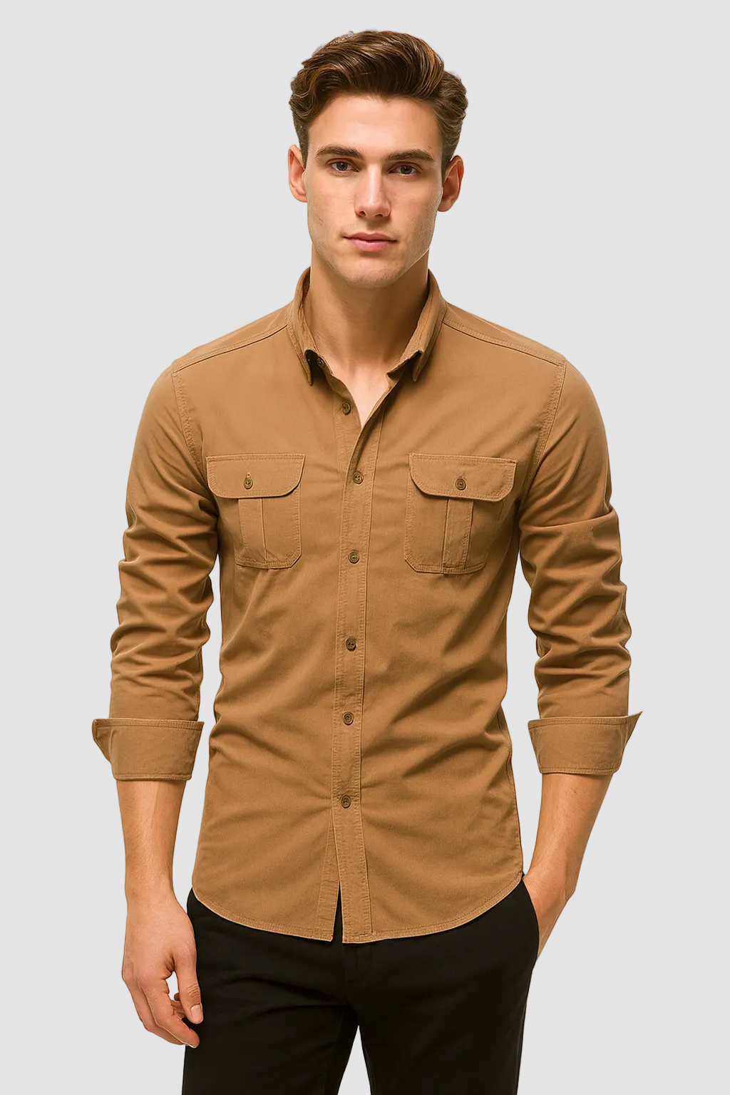 Mens Long Sleeve Shirt Chest Pocket Cotton Five Color