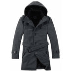 Men's Trench Coat Hooded Wool Blend Faux Fur Lining Buttoned