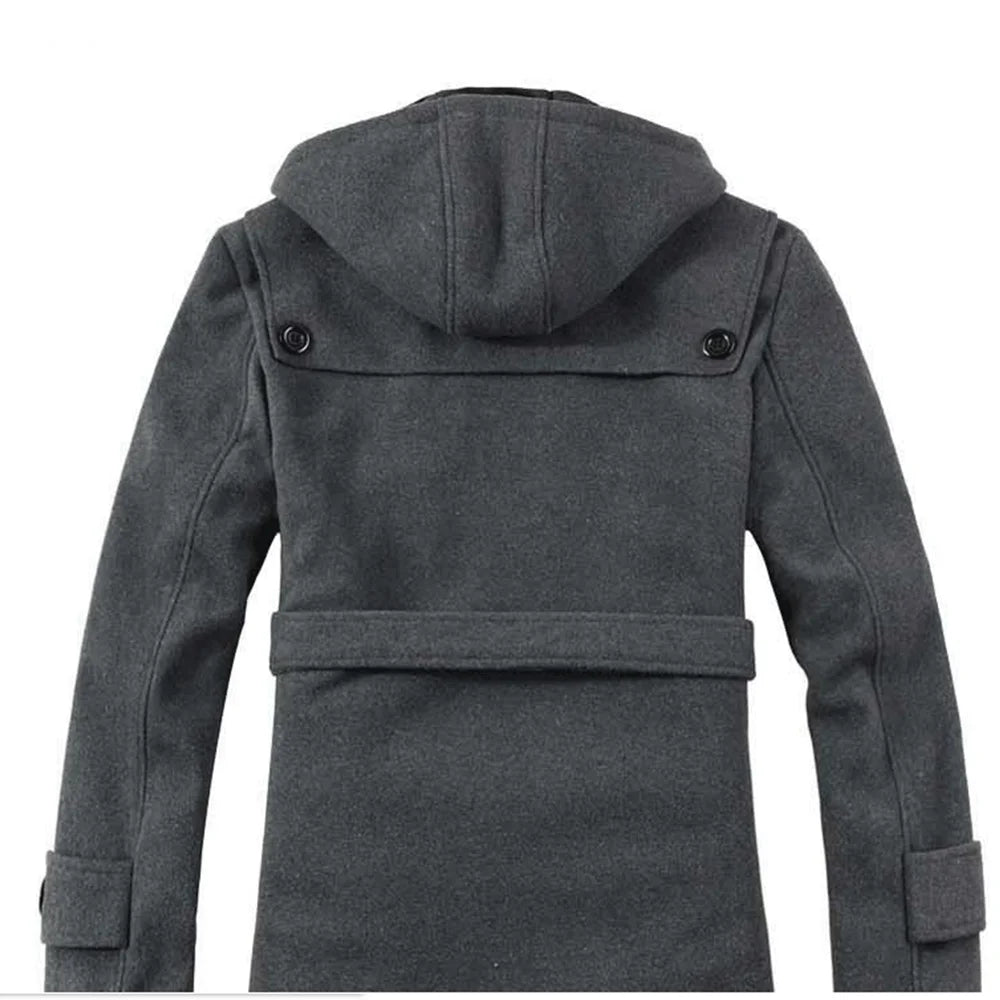 Men's Trench Coat Hooded Wool Blend Faux Fur Lining Buttoned