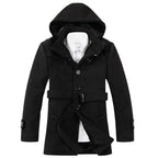 Men's Trench Coat Hooded Wool Blend Faux Fur Lining Buttoned