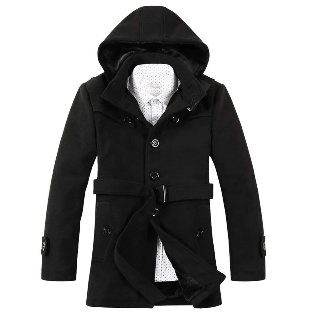 Men's Trench Coat Hooded Wool Blend Faux Fur Lining Buttoned