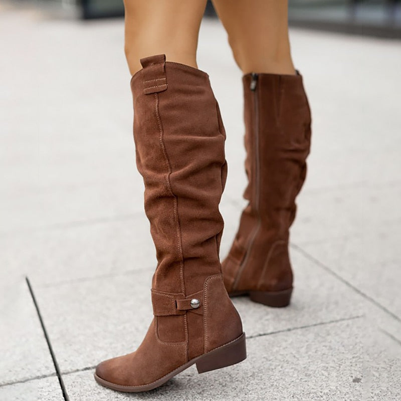Suede Knee High Boots Block Heel Round Toe Women's