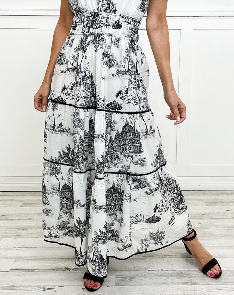 Toile Print Maxi Dress Tiered Smocked Waist