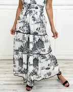 Toile Print Maxi Dress Tiered Smocked Waist
