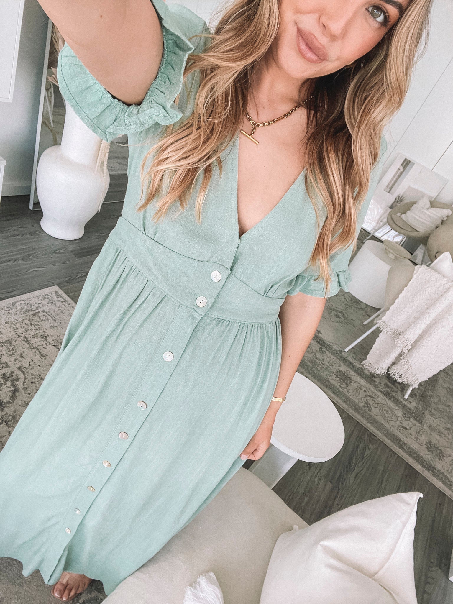 Womens Midi Summer Dress V Neck Button Closure