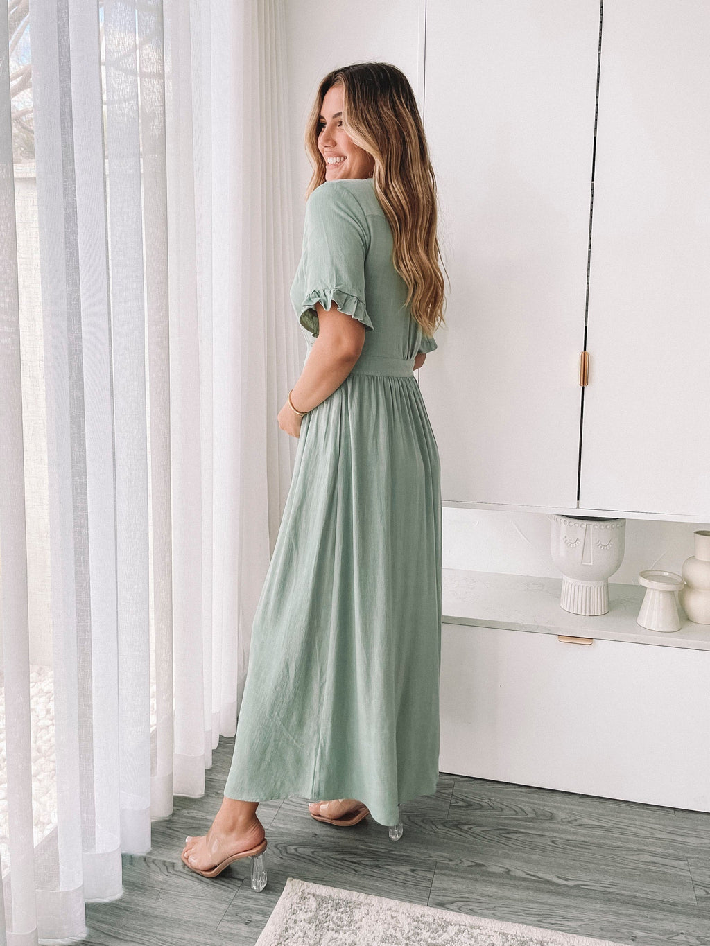 Womens Midi Summer Dress V Neck Button Closure