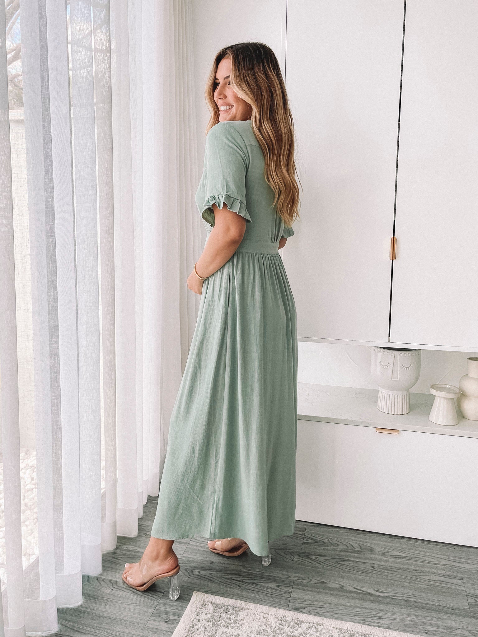 Womens Midi Summer Dress V Neck Button Closure