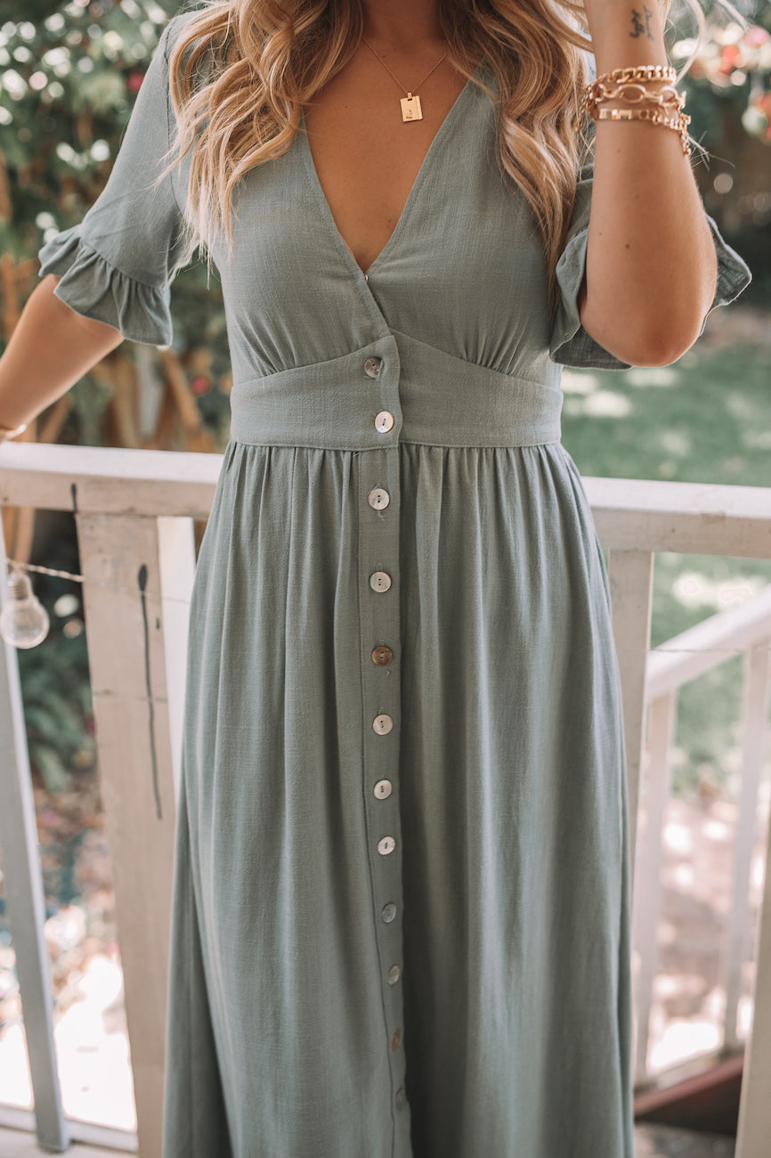 Womens Midi Summer Dress V Neck Button Closure
